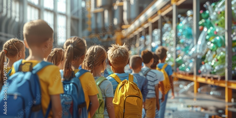 A group of children on a school field trip to a recycling facility, learning about the PET plastic lifecycle A group of children on a school field trip to a recycling facility, learning about the PET plastic lifecycle