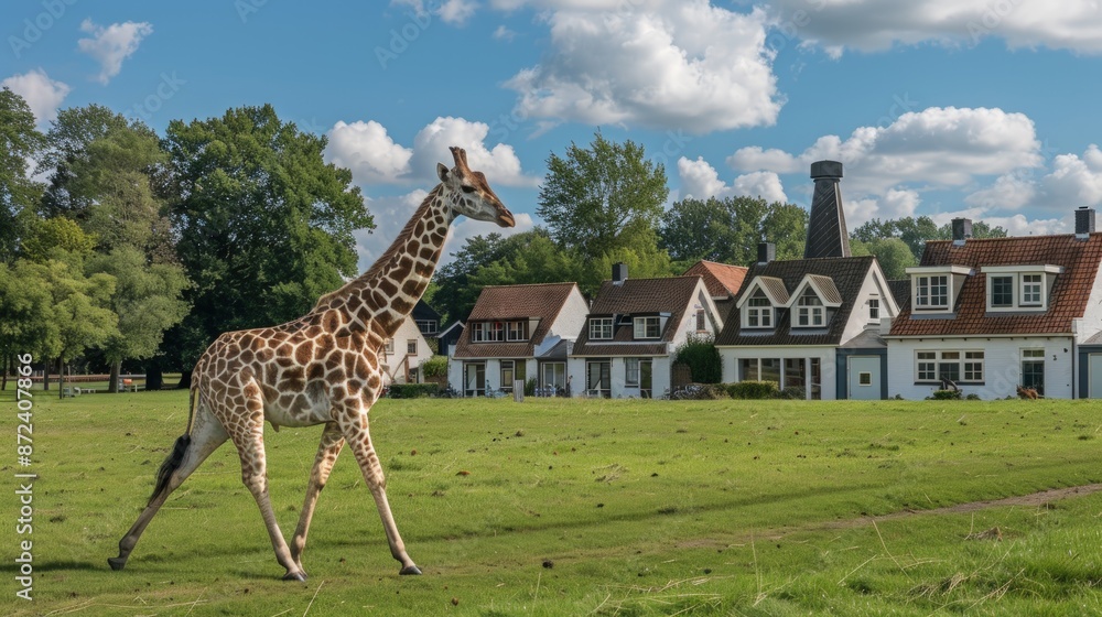 A giraffe walks through a grassy field next to a house. Generate AI A giraffe walks through a grassy field next to a house. Generate AI
