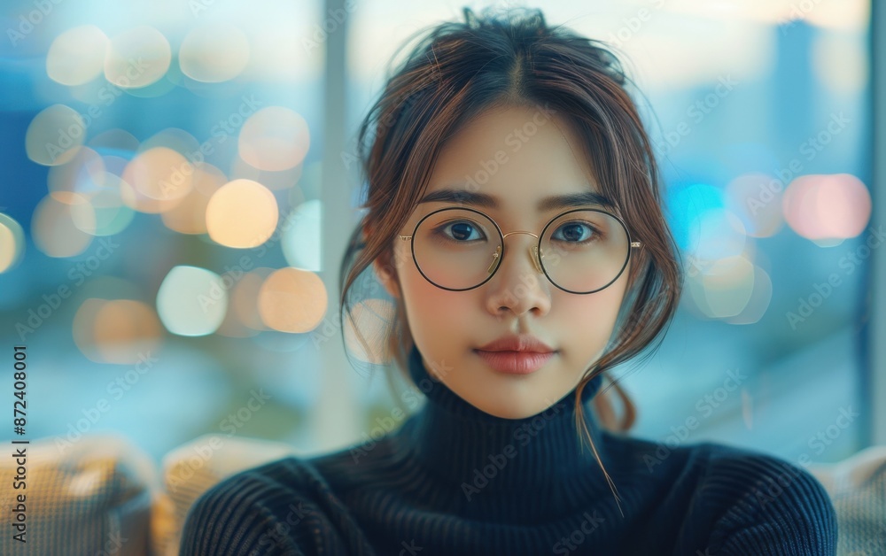 A young Asian woman wearing round glasses and a black turtleneck looks directly at the camera. She is sitting in an office setting with a window behind her
