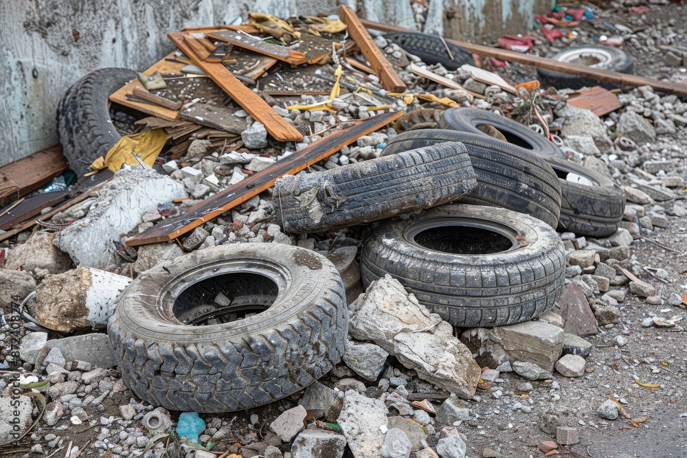 A pile of tires and wood is on the ground. The tires are old and worn, and the wood is broken and scattered. The scene gives off a sense of neglect and abandonment A pile of tires and wood is on the ground. The tires are old and worn, and the wood is broken and scattered. The scene gives off a sense of neglect and abandonment