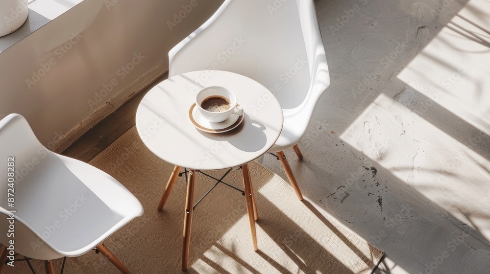 Fototapeta premium In a quiet corner of the cafe, empty chairs and minimalist white tables gleam in the morning sun, waiting for the moment when a cup of coffee is finally sipped tastefully.