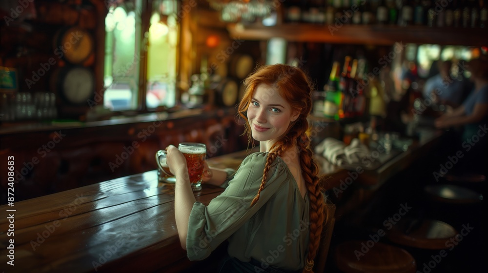 Beautiful redhead girl with green eyes sits in an Irish pub, smiling with a pint of beer. Beautiful redhead girl with green eyes sits in an Irish pub, smiling with a pint of beer.