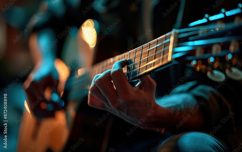 Fototapeta premium Close-up of a Baltic adult's hand playing a guitar in the evening