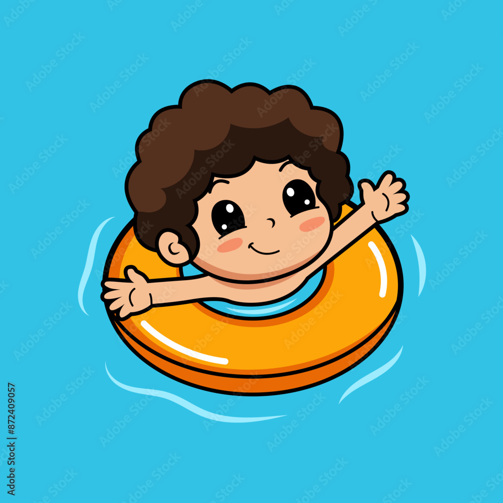 Cute curly haired boy swimming with swim ring cartoon vector illustration Cute curly haired boy swimming with swim ring cartoon vector illustration