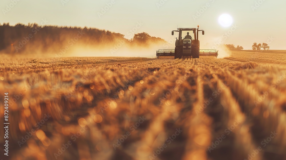 Fototapeta premium Male farmer plowing field at sunrise in a tractor, concept of agriculture, farming, rural landscape