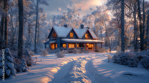 Beautiful house in the snow, cozy atmosphere, winter forest, sunset lighting, blue color, hyper realistic.