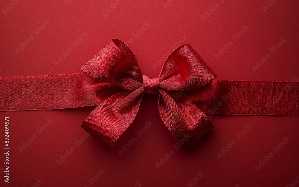 A red satin ribbon bow tied in the center of a red background A red satin ribbon bow tied in the center of a red background