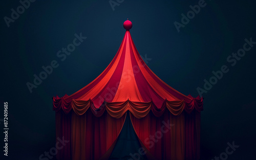 A red and white striped circus tent logo, featuring a classic conical shape, with a deep, dark blue background photo