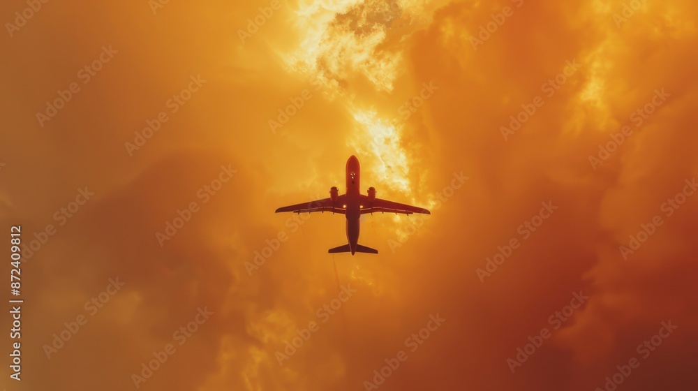 An airplane flying amidst the clouds, beautiful orange clouds dotting the afternoon, creating a dreamlike scene. An airplane flying amidst the clouds, beautiful orange clouds dotting the afternoon, creating a dreamlike scene.
