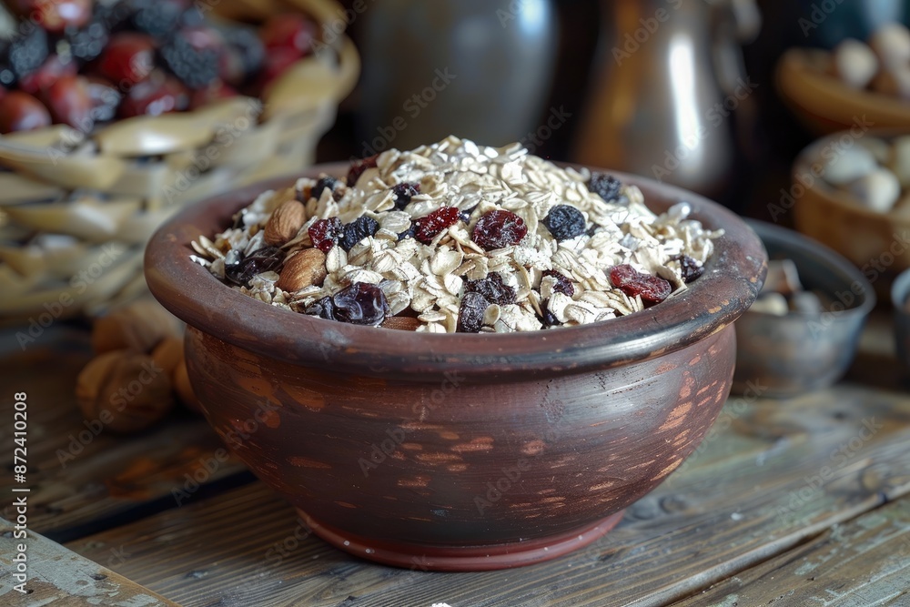 A bowl of oatmeal with nuts and berries sits on a wooden table. The bowl is filled with a variety of nuts and berries, including almonds, walnuts, and cranberries. Concept of warmth and comfort A bowl of oatmeal with nuts and berries sits on a wooden table. The bowl is filled with a variety of nuts and berries, including almonds, walnuts, and cranberries. Concept of warmth and comfort