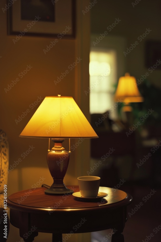 Cup of coffee and lamp on a table in the living room Cup of coffee and lamp on a table in the living room
