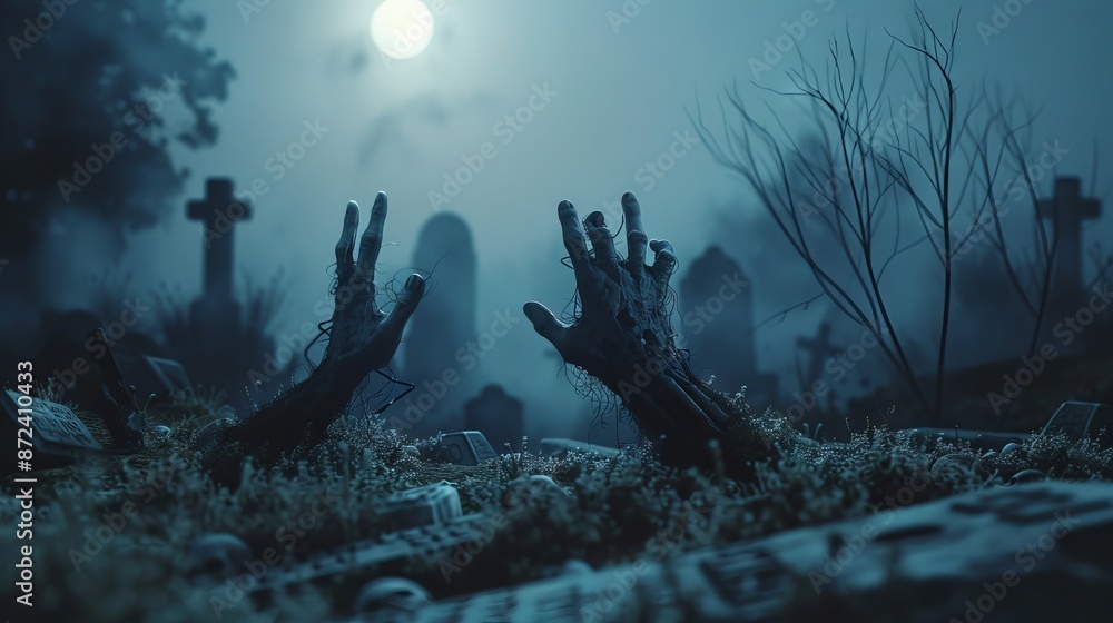 Zombie hand rising from grave in foggy cemetery under full moon. Concept of Halloween, horror, supernatural fiction Zombie hand rising from grave in foggy cemetery under full moon. Concept of Halloween, horror, supernatural fiction