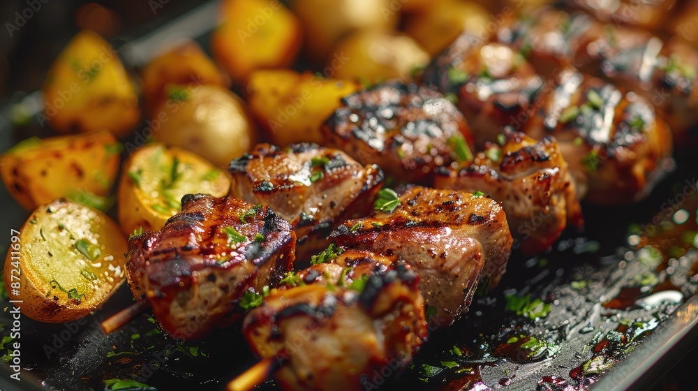 A plate of meat and potatoes with a side of herbs. The meat is grilled and the potatoes are cut into cubes. The herbs are scattered around the plate, adding a pop of color and flavor to the dish A plate of meat and potatoes with a side of herbs. The meat is grilled and the potatoes are cut into cubes. The herbs are scattered around the plate, adding a pop of color and flavor to the dish