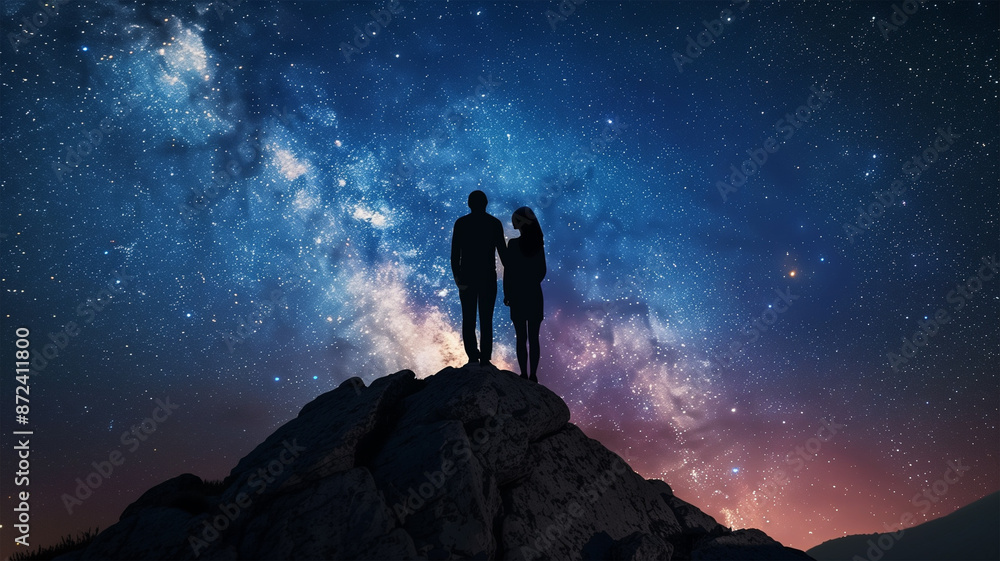 星空を見つめるカップルと天の川 星空を見つめるカップルと天の川