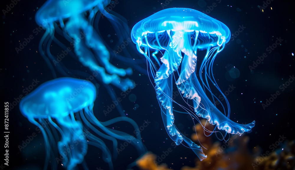 Three Glowing Jellyfish Swim in the Dark Ocean Three Glowing Jellyfish Swim in the Dark Ocean