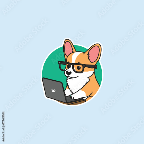 Cute corgi dog working on a laptop, vector illustration