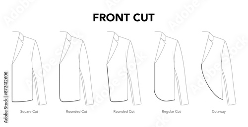 Set of Front Cut Jacket Top details - Square, Rounded Cutaway Regular styles technical fashion illustration. Flat apparel template front view. Women, men unisex CAD mockup isolated
