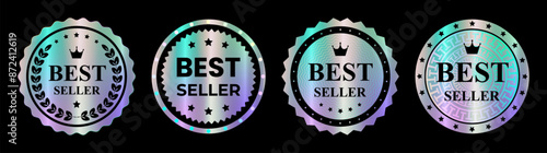 Set of Color holographic stickers, template, label. Round Shiny Smooth Mirror Rainbow Emblem Best seller. Award, medal with crown, laurel. Isolated on transparent background EPS10 Vector Illustration