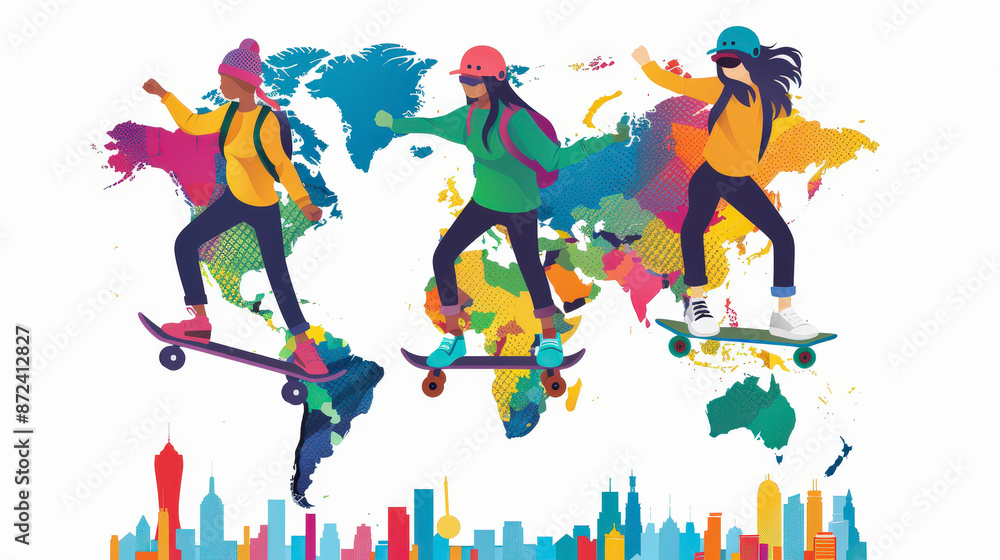 Three skateboarders in colorful outfits ride their boards in front of a vibrant, artistic world map with city skylines below. Three skateboarders in colorful outfits ride their boards in front of a vibrant, artistic world map with city skylines below.