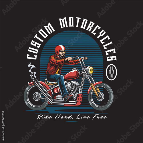 Vector Illustration of Man Riding Chopper Motorcycle with Vintage Illustration Available for Tshirt Design