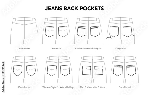 Set of Jeans Back Pockets on pants - Traditional, Carpenter Oval, Western Flats styles technical fashion illustration. Flat apparel template. Women, men unisex CAD mockup isolated on white background