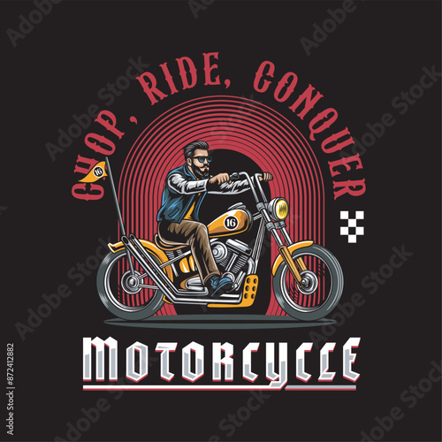 Vector Illustration of Man Riding Chopper Motorcycle with Vintage Illustration Available for Tshirt Design
