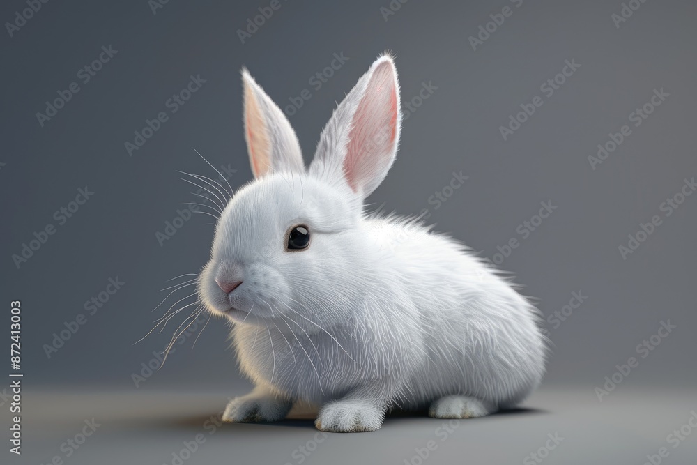 A cute white rabbit is sitting on a grey surface. The rabbit has a cute and innocent expression on its face A cute white rabbit is sitting on a grey surface. The rabbit has a cute and innocent expression on its face