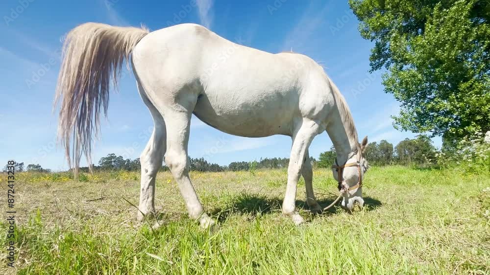 Beautiful white horse grazing on the farm field. Horse on the background of green grass, blue sky and forest Beautiful white horse grazing on the farm field. Horse on the background of green grass, blue sky and forest