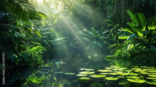 Dense foliage with sunlight filtering through, casting a magical glow on a jungle pond, rich greenery, serene reflections, detailed and tranquil