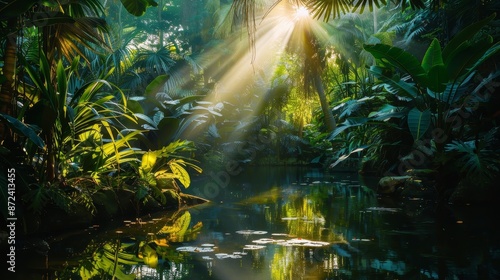 Wallpaper Mural Dense foliage with sunlight filtering through, casting a magical glow on a jungle pond, rich greenery, serene reflections, detailed and tranquil Torontodigital.ca