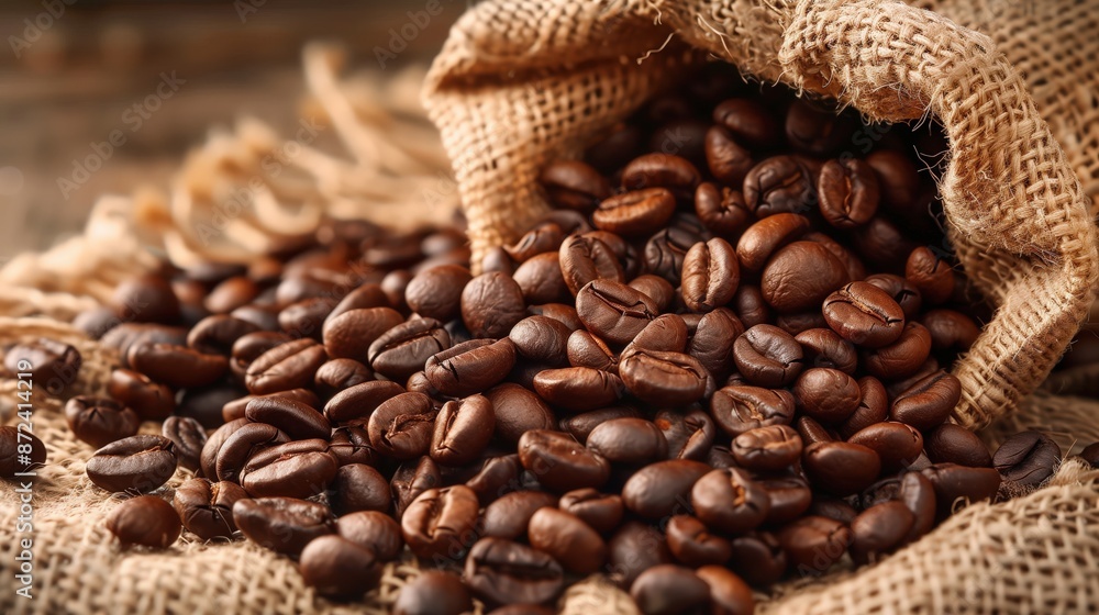 Fototapeta premium Fresh roasted coffee beans spilling from burlap sack onto wooden table, aromatic and organic beans
