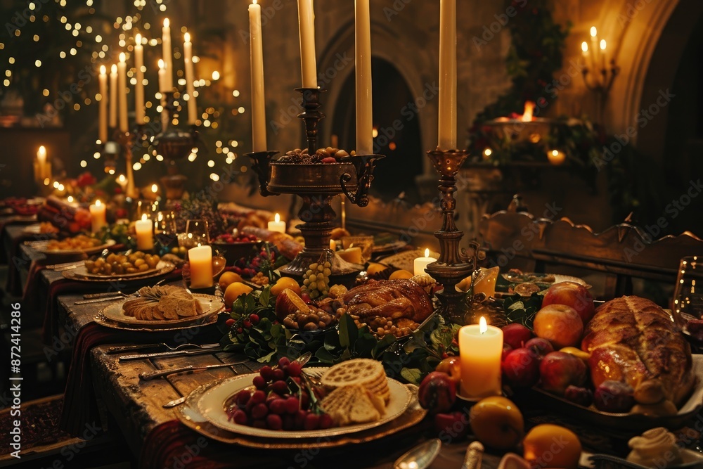 A table is set with a variety of food and candles, creating a warm and inviting atmosphere. The table is set for a large gathering, and the food includes a variety of meats, fruits, and vegetables
