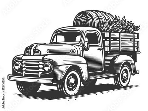 old-fashioned farm truck in a rustic countryside setting sketch engraving generative ai fictional character vector illustration. Scratch board imitation. Black and white image.