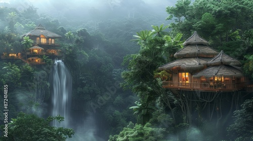Elevated tree houses in a lush rainforest, waterfall flowing, vivid green canopy, misty and serene environment, intricate details, enchanting scene