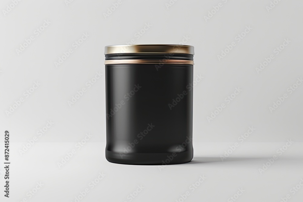 A black jar with a gold lid sits on a white background. The jar is empty and has a gold rim A black jar with a gold lid sits on a white background. The jar is empty and has a gold rim