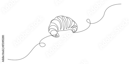 One continuous line drawing of french croissant. Bakery and morning breakfast concept in simple linear style. Pastry chocolate snack in editable stroke. Doodle outline vector illustration