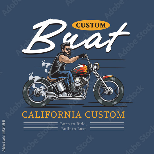 Vector Illustration of Man Riding Chopper Motorcycle with Vintage Illustration Available for Tshirt Design