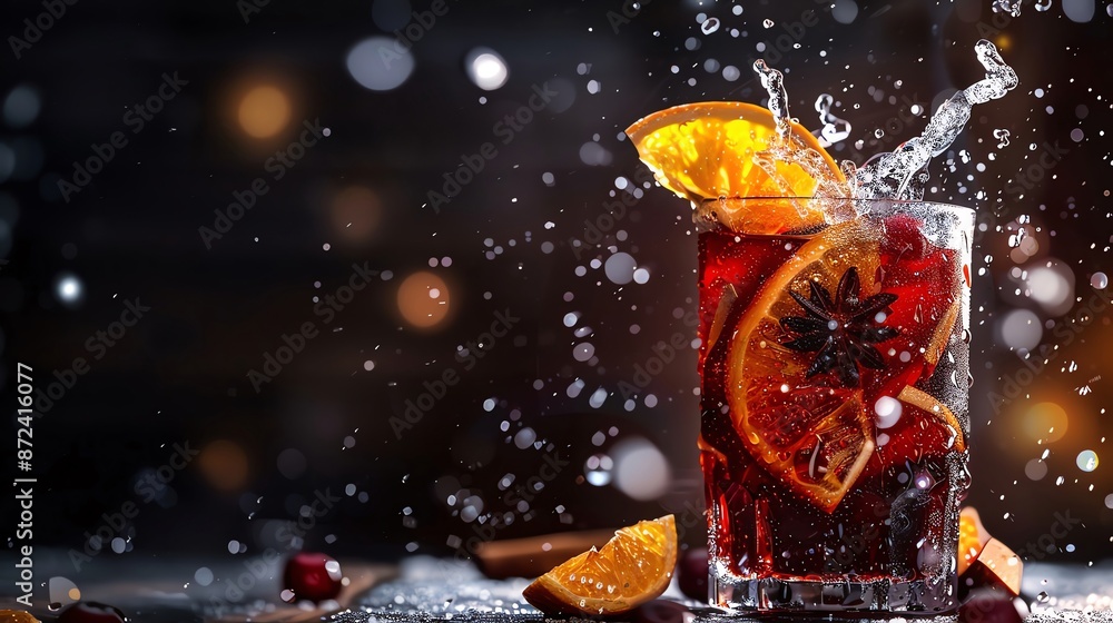 Product shot of a splashing mulled wine, isolated black background Product shot of a splashing mulled wine, isolated black background