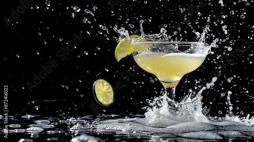 Product shot of a splashing margarita, isolated black background