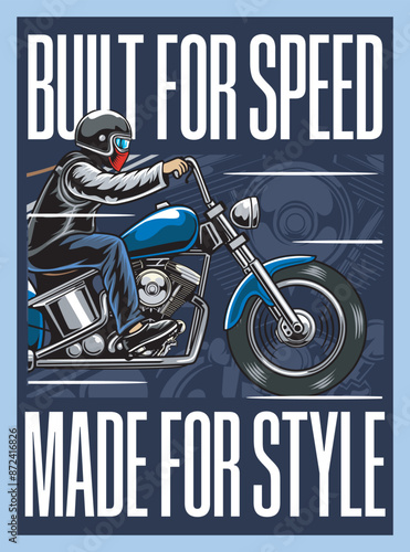 Vector Illustration of Man Riding Chopper Motorcycle with Vintage Illustration Available for Poster
