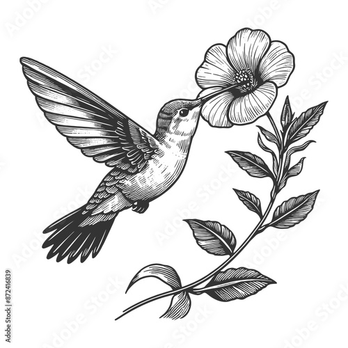 hummingbird hovering near a flower, capturing a delicate and natural scene sketch engraving generative ai vector illustration. Scratch board imitation. Black and white image.