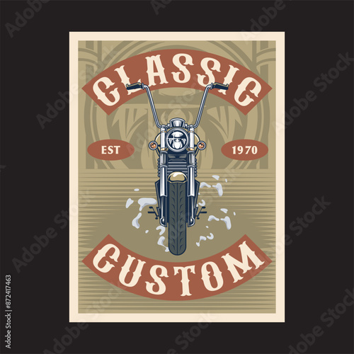 Vector Illustration of Chopper Motorcycle in Front View with Vintage Illustration Available for Poster