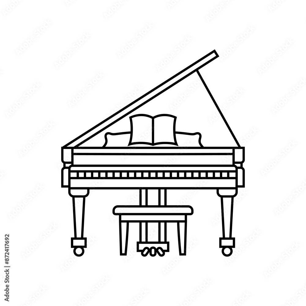 Linear Icon of Grand Piano with Open Lid, Music Notes on Music Stand, and Piano Stool, Isolated Object Linear Icon of Grand Piano with Open Lid, Music Notes on Music Stand, and Piano Stool, Isolated Object