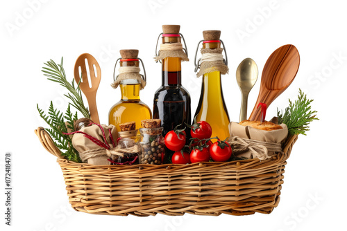 Holiday gift basket with bottles of oil, vinegar and kitchen utensils isolated on white background photo