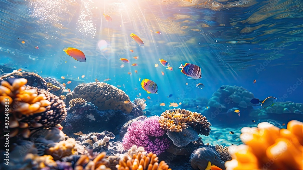 Naklejka premium A colorful coral reef with many fish swimming around. The fish are orange, yellow, and blue