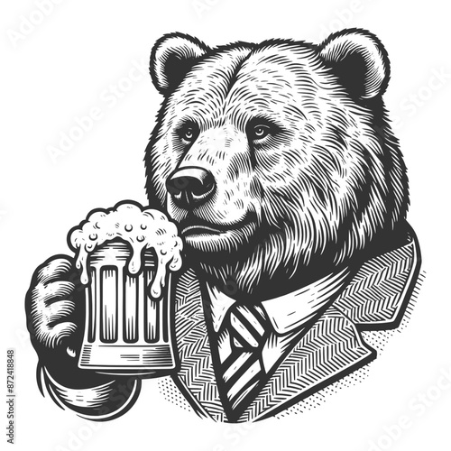 bear drinking beer from a mug, blending sophistication with humor sketch engraving generative ai vector illustration. Scratch board imitation. Black and white image.