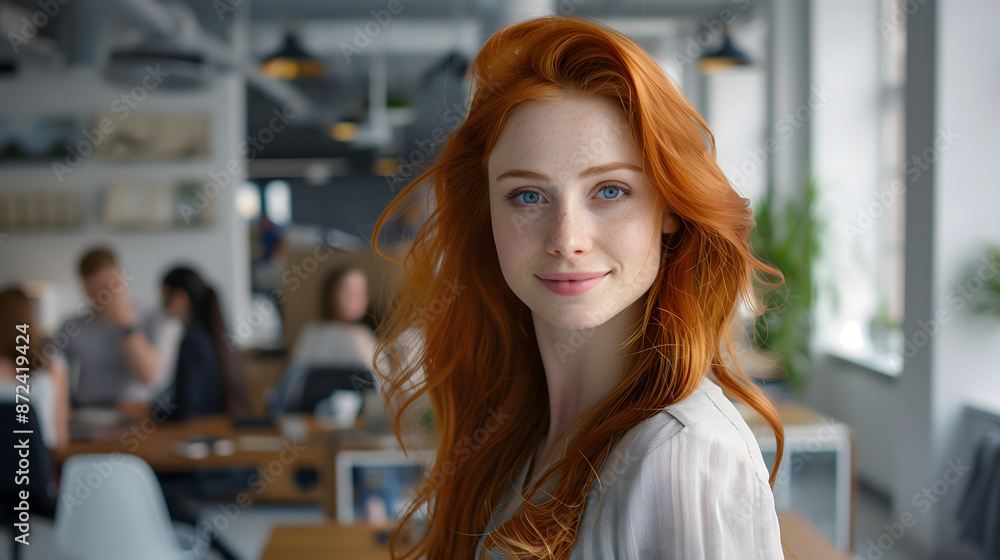 A beautiful red-haired woman smiling confidently in a modern office setting. A beautiful red-haired woman smiling confidently in a modern office setting.