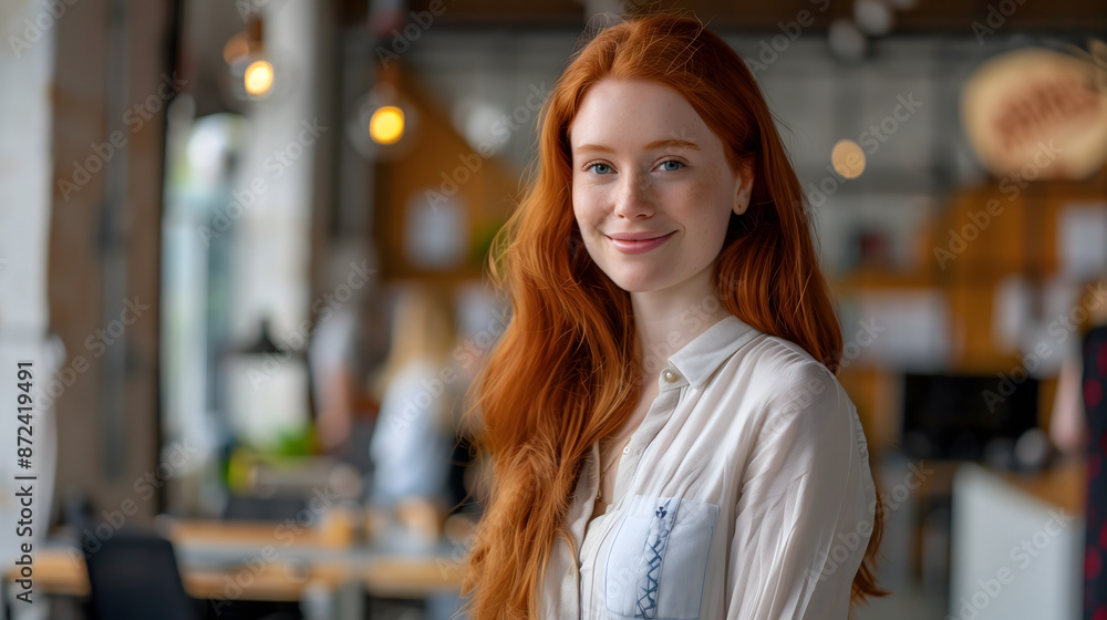 A beautiful red-haired woman smiling confidently in a modern office setting. A beautiful red-haired woman smiling confidently in a modern office setting.