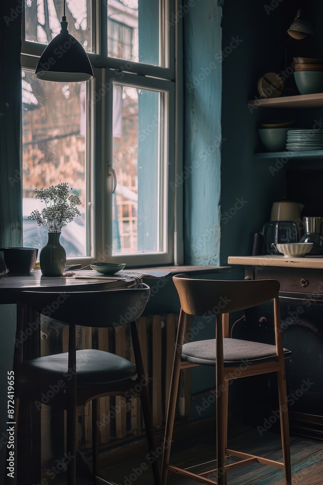 Interior of a cafe with black chairs and table. Vintage style Interior of a cafe with black chairs and table. Vintage style