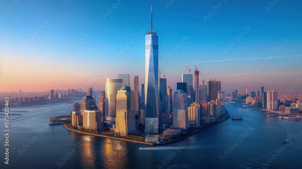Obraz premium Stunning Aerial View of Lower Manhattan's Iconic Skyline at Sunset